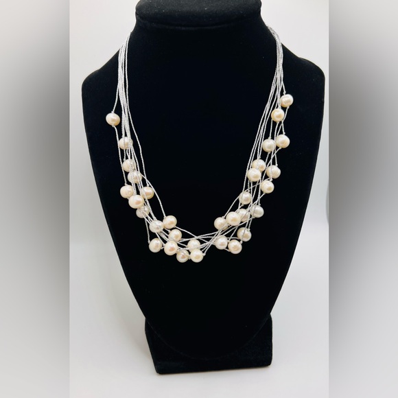 Sterling Silver Multi-Strand Floating Fresh Water Pearl Statement Necklace - Picture 1 of 5
